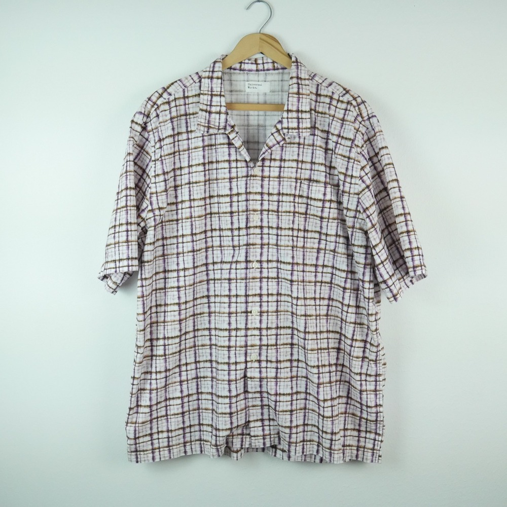 Universal Works Mens XXXLCamp Shirt Purple Brown Plaid Cotton Portugal Resort